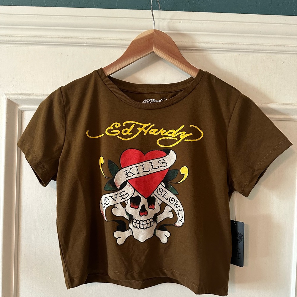Ed Hardy Love Kills Slowly Size L Crop Top Brown Heart Skull Tattoo Art NWT Y2K